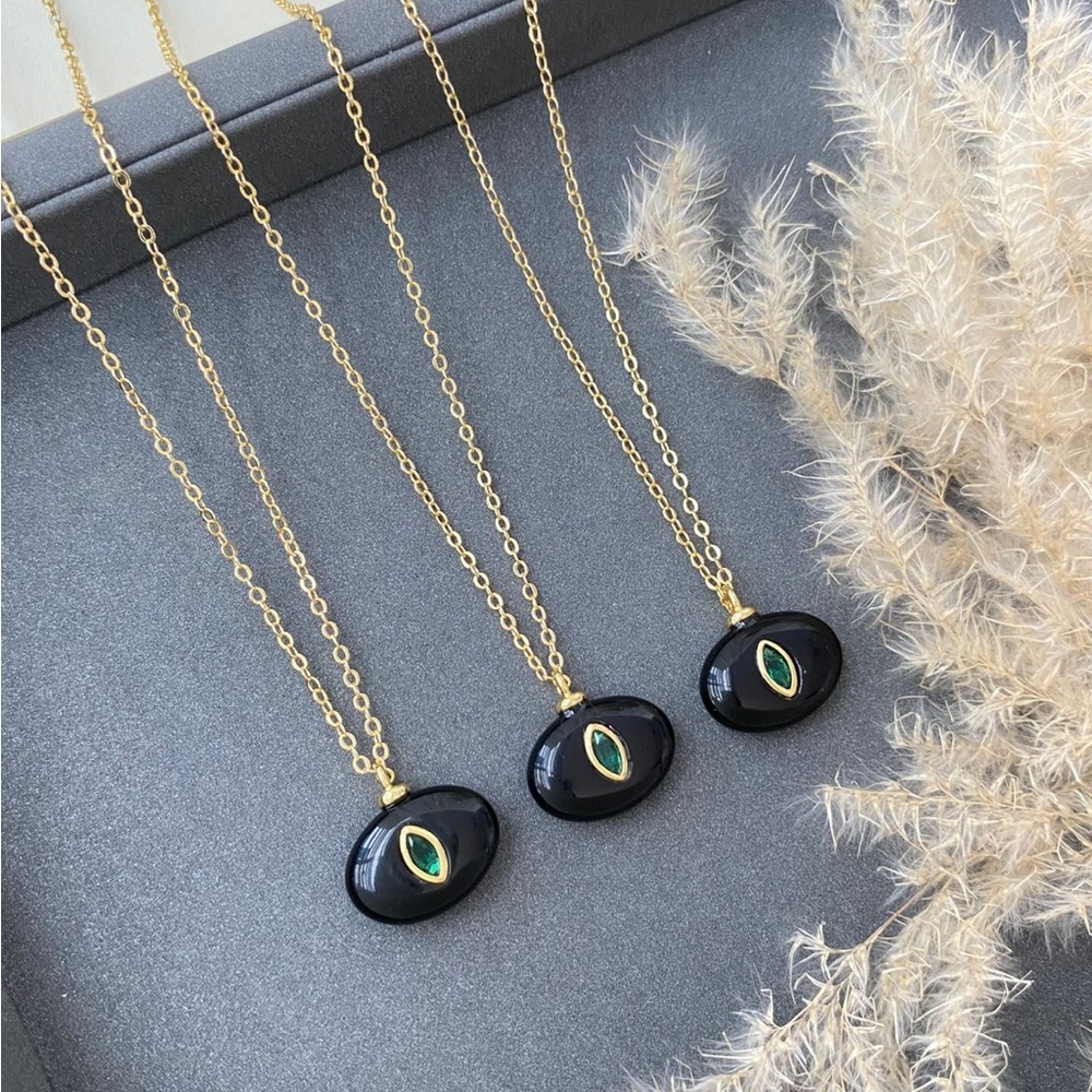 Gold Chain Black Oval Pendant Necklace with Green Accent